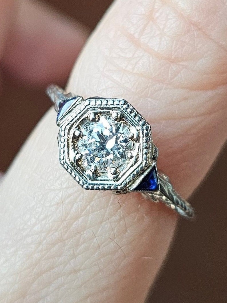 18K Art Deco Diamond & Sapphire Ring 1/2 CT ca 1920-30s Size 6.25 image 1