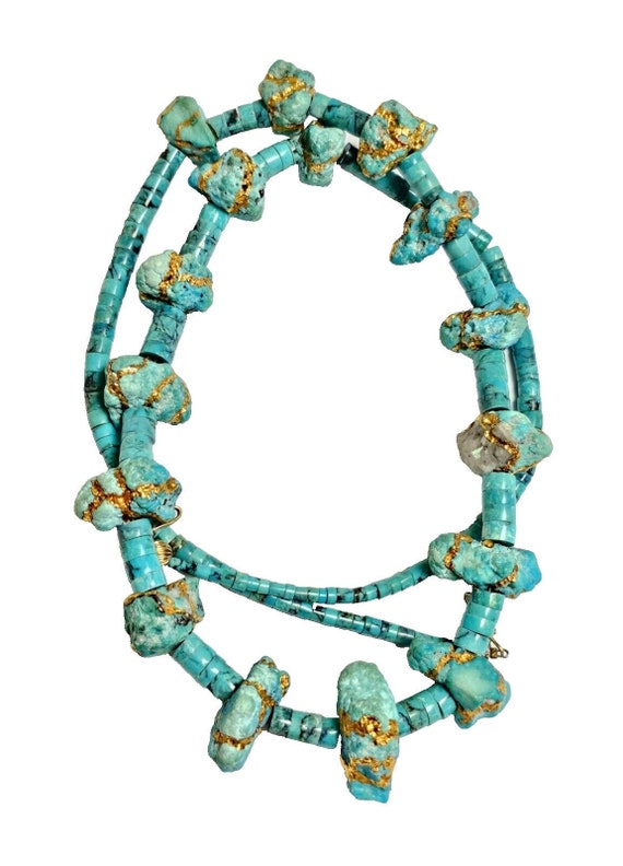 Turquoise Necklace 24k Paint 32" Unique Stunning N