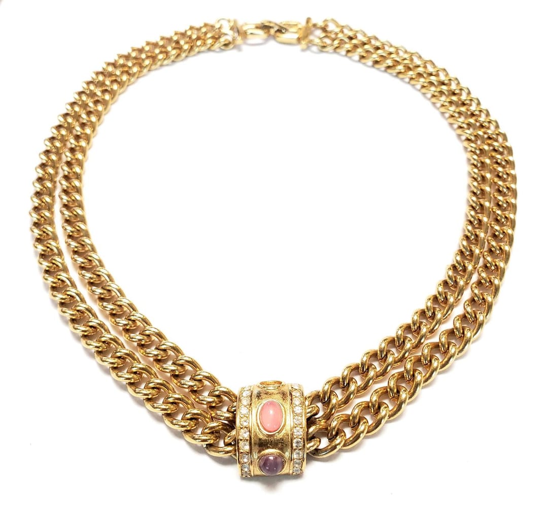 Givenchy Necklace Vintage Givenchy Paris New York Gold Plated Two Chain Faux Gemstone Necklace
