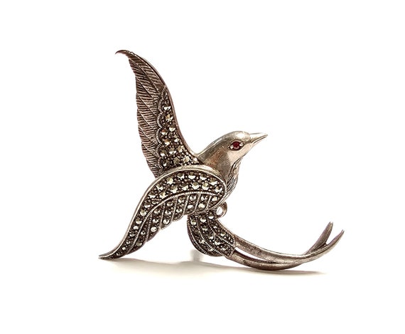 Sterling Sparrow Brooch Ruby Eye & Marcasite Bird… - image 2