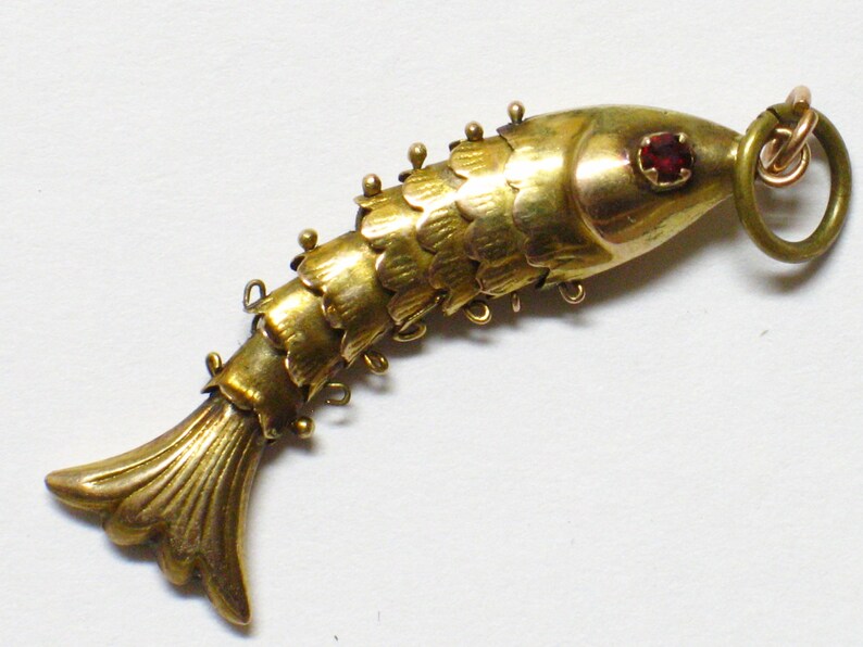 14K Articulated Fish Charm w Ruby Eye or Pendant Circa Etsy