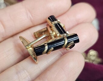 Boutons De Manchette Vintage Noir Et Doré - Forme Triangulaire - Très Bon état