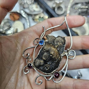 Bear Pendant Mama Bear Three Cubs Carving Sterling Gemstones 3 1/8&quot; Tall