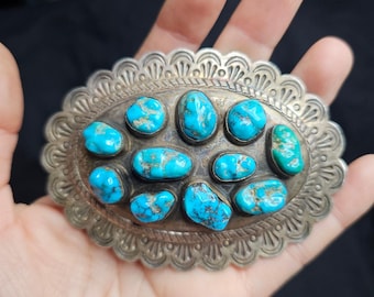 Fibbia per cintura vintage Diné (Navajo) in turchese e argento sterling