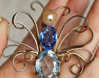 Butterfly Fur Clip 1940s Vermeil Sterling Faceted Sapphire Aquamarine Glass & Faux Pearl