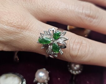Vintage Imperial Green Jade Ring: Sterling Silver Cocktail Ring, Size 8.5