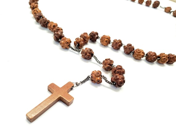 Antique French Rosary Carved Wood Wall Rosary 25 1/2"… - Gem