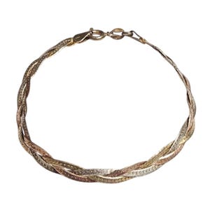 Bracciale vintage italiano in argento sterling 925 a catena intrecciata a spina di pesce tricolore, lunghezza 7,5 pollici (19 cm), stile metà secolo, ideale da indossare sopra altri bracciali.