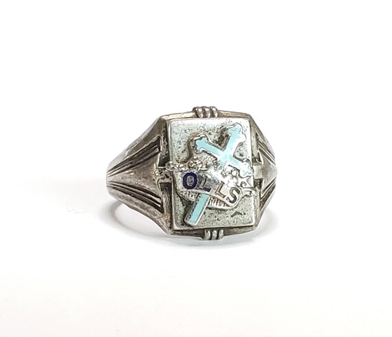 Vintage Signet Ring Christian OLLS Sterling & Ena… - image 4