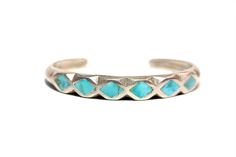 Navajo Turquoise Inlay Row Cuff Bracelet Vintage Dine Turquoise Sterling Silver Size 5.75 image 2