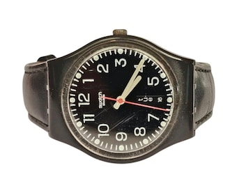 Vintage Swatch Classic All Black Day Datum Quarzuhr Military Style