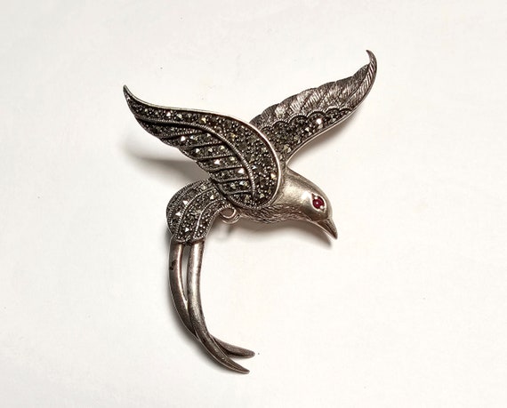 Sterling Sparrow Brooch Ruby Eye & Marcasite Bird… - image 3