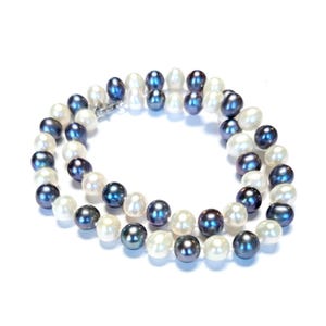 Collier de perles d'eau douce en argent sterling, noir et blanc, 16,5"