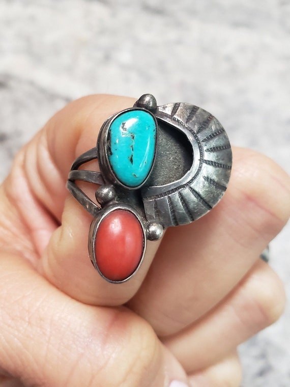 Turquoise Coral Ring Vintage Dine Womens Sterling 