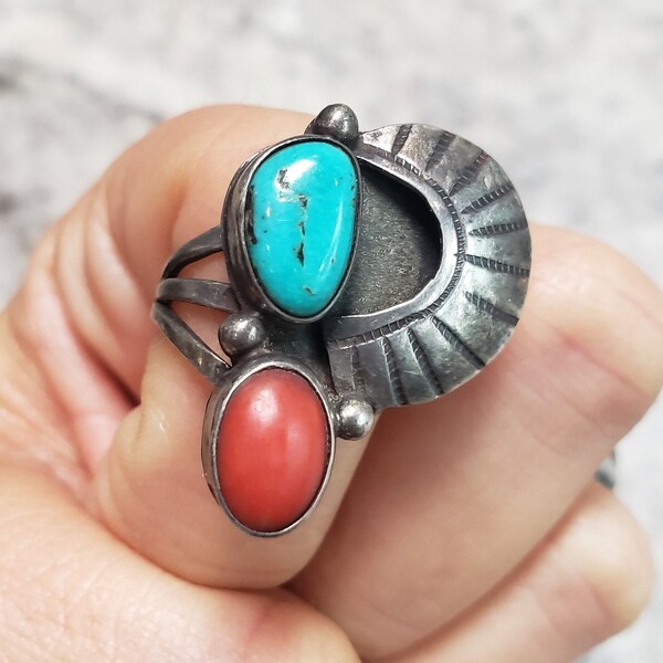 Turquoise Coral Ring Vintage Dine Womens Sterling Coral Turquoise Ring Size 5.5