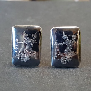 Vintage Sterling Cuff Links Thailand Siam Niello 7/8&quot; Long