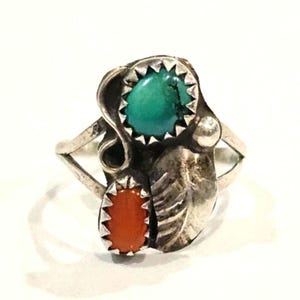 Vintage Navajo Sterling Silver Turquoise and Coral Ring