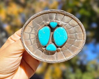 Navajo Turquoise Buckle Spider Web Silver Design Signed ABJ 3.75"