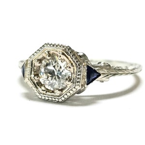 18K Art Deco Diamond & Sapphire Ring 1/2 CT ca 1920-30s Size 6.25 image 3