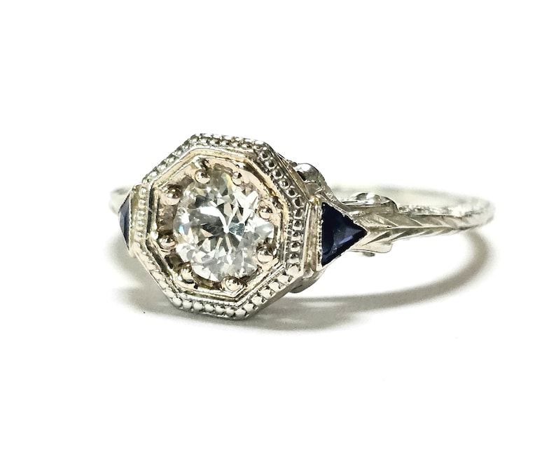 18K Art Deco Diamond & Sapphire Ring 1/2 CT ca 1920-30s Size 6.25 image 3