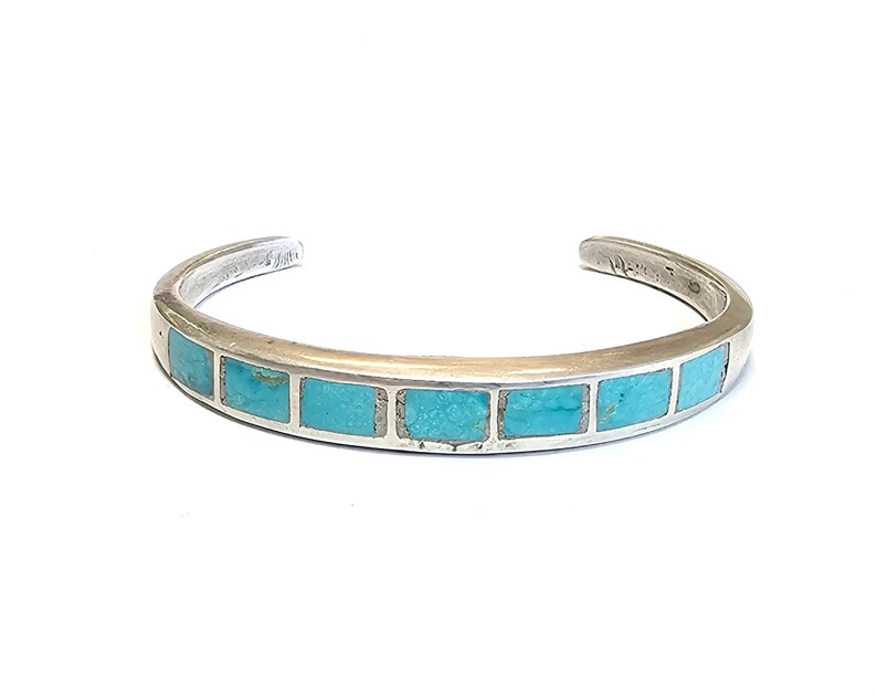 Navajo Turquoise Inlay Row Cuff Bracelet Vintage Dine Turquoise Sterling Silver Tamaño 6 imagen 1