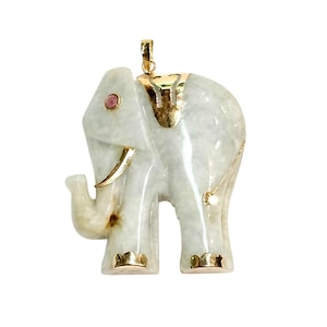 14K Jade Elephant Pendant - Lucky Celadon Jadeite Ruby Eye