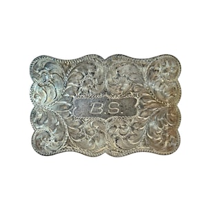 Vintage Custom-Built Sterling Silver &quot;B.S.&quot; Belt Buckle, Hand-Engraved, 3.125&quot;