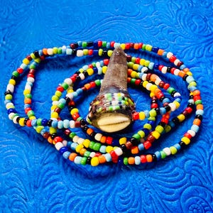 May include: A handcrafted necklace featuring a pendant with a shell base and a dark, textured top. The pendant is surrounded by a vibrant strand of colorful beads in various hues, including red, yellow, blue, and green. The necklace is displayed on a textured blue surface.