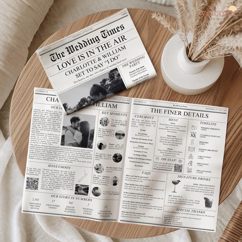 May include: Wedding newspaper with the headline "The Wedding Times" and the text "Love is in the Air." The newspaper includes photos, key moments, ceremony details, and a timeline. The newspaper is on a wooden table.