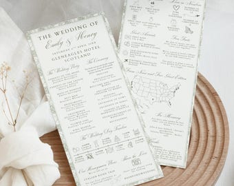 Wedding Day Details Infographic, Sage Green Chinoiserie Floral Toile Ceremony Program, Elegant Garden Olive Reception Schedule Template, M6