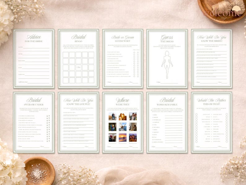 Op de afbeelding: Een set van tien witte bruidsdouche-spelkaarten met saliegroene randen en tekst. De kaarten bevatten titels zoals Advice for the Bride, Bridal Bingo, Bride or Groom Guess Who, Guess the Dress, How Well Do You Know the Bride, Bridal Over or Under, How Well Do You Know the Couple, Where Were They, Bridal Word Scramble en Would You Rather.
