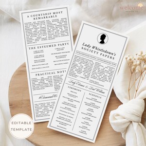 Scheda con i dettagli del matrimonio a Bridgerton / Infografica di Lady Whistledown / Programma della cerimonia nuziale, B1