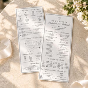 May include: Two rectangular white wedding program cards with black text and line art illustrations. One card details the wedding party and timeline, while the other features a map of the United States, guest awards, and fun facts about the couple.