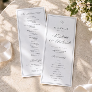 Elegant Wedding Program Template, Classic Black & White Monogram Ceremony Itinerary, Timeless Printable Order of Events Editable 4x9 Card M7
