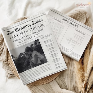 Aanpasbare bruiloftskrantsjabloon, bewerkbare gepersonaliseerde details infographic, afdrukbaar schema ceremonieschema en kruiswoordraadsel