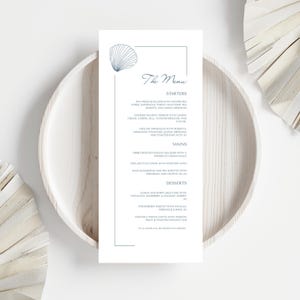 Coastal Wedding Menu Card: Blue Seashell Design | Editable Template, M1