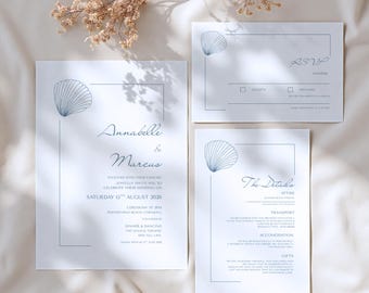 Coastal Wedding Invitation Set, Elegant Dusty Blue Seashell Invite Details Card QR RSVP, Minimalist Nautical Editable Printable Template, M1
