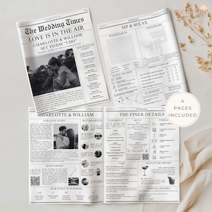May include: Four-page wedding newspaper with the headline "The Wedding Times." The newspaper includes articles about the couple, a crossword puzzle, and a wedding playlist. The newspaper is printed in black and white.