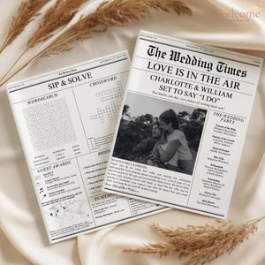 May include: Two wedding newspaper-style announcements with the headline "The Wedding Times." One features a crossword and word search, the other a photo of a couple and wedding details. Dried wheat stalks are in the background.