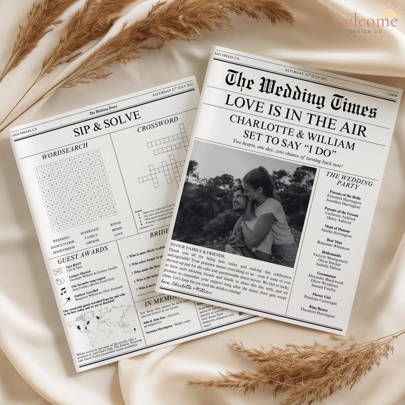 May include: Two wedding newspaper-style announcements with the headline "The Wedding Times." One features a crossword and word search, the other a photo of a couple and wedding details. Dried wheat stalks are in the background.