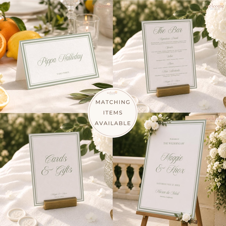 Op de afbeelding: Een set witte trouwkaarten en bordjes met saliegroene dubbele lijnen en elegante schreefletters. De set bevat een naamkaartje voor Pippa Halliday, een barmenu, een bordje voor kaarten en cadeaus en een groot welkomstbord voor een bruiloft.