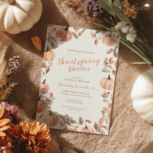 Sjabloon voor een Thanksgiving-uitnodiging, uitnodiging en informatiekaart voor een Friendsgiving-diner, bewerkbare uitnodiging voor een herfstfeest, printbaar zelf te maken via Canva, T3