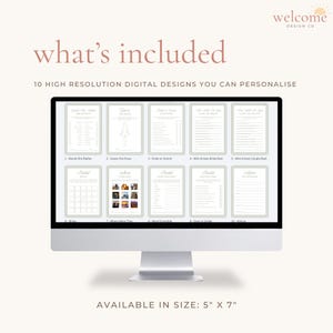 Op de afbeelding: Een computermonitor met 10 digitale ontwerpen in hoge resolutie voor bruidsdouchespellen, inclusief de tekst 'what's included' en '10 high resolution digital designs you can personalise'. De kaarten hebben een formaat van 5x7 inch.