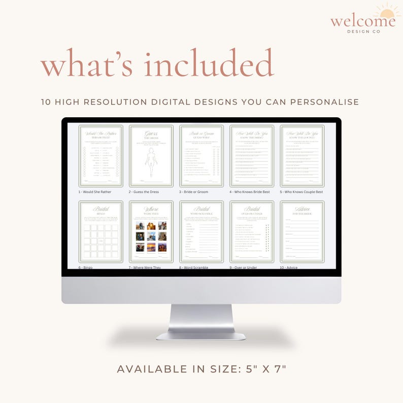 Op de afbeelding: Een computermonitor met 10 digitale ontwerpen in hoge resolutie voor bruidsdouchespellen, inclusief de tekst 'what's included' en '10 high resolution digital designs you can personalise'. De kaarten hebben een formaat van 5x7 inch.