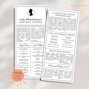 Può includere: Modello di invito a nozze a due lati con un design in bianco e nero. Il design include testo, una silhouette e un bordo decorativo. Il testo include i nomi "Lady Eleanor & Lord William" e "#EleanorandWilliam2026".