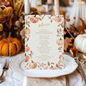 Thanksgiving menusjabloon, bewerkbaar Friendsgiving dinermenu, aquarel pompoen herfst bruiloft menu, herfst diner party Canva sjabloon, T3