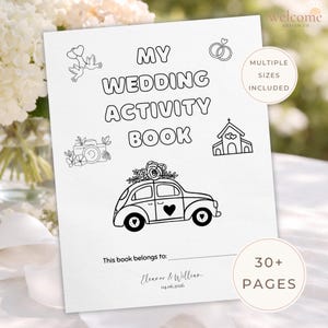 May include: A white wedding activity book with black line art illustrations of a car, rings, a church, and other wedding-themed graphics. The text "MY WEDDING ACTIVITY BOOK" is displayed prominently. Includes "MULTIPLE SIZES INCLUDED" and "30+ PAGES".