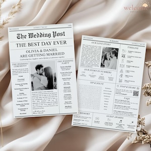 May include: Wedding newspaper-style invitation with the headline "The Best Day Ever." The invitation includes the names Olivia & Daniel, wedding details, a photo, and a timeline. The design is black and white.