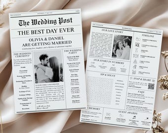 Wedding Newspaper Template for Wedding Day Details, Easy Print-at-Home 2 page Wedding Program, Ceremony Schedule & Timeline Infographic