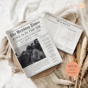 Aanpasbare bruiloftskrantsjabloon, bewerkbare gepersonaliseerde details infographic, afdrukbaar schema ceremonieschema en kruiswoordraadsel